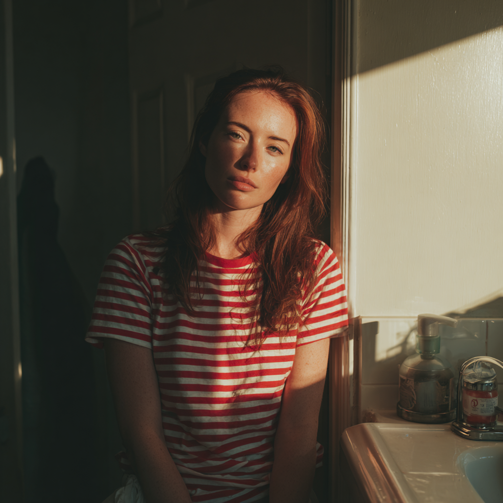 Une femme pensive debout dans une salle de bain | Source : Midjourney