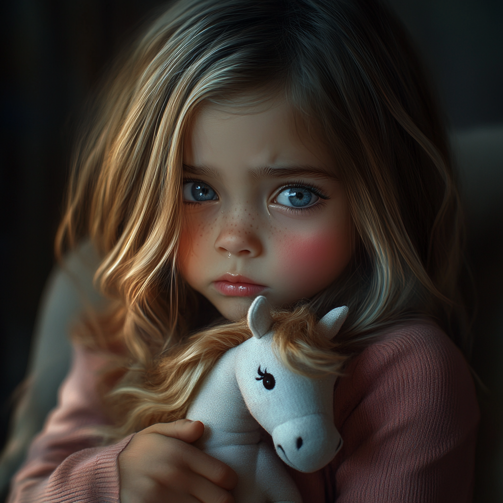 Une petite fille triste tenant une licorne en peluche | Source : Midjourney