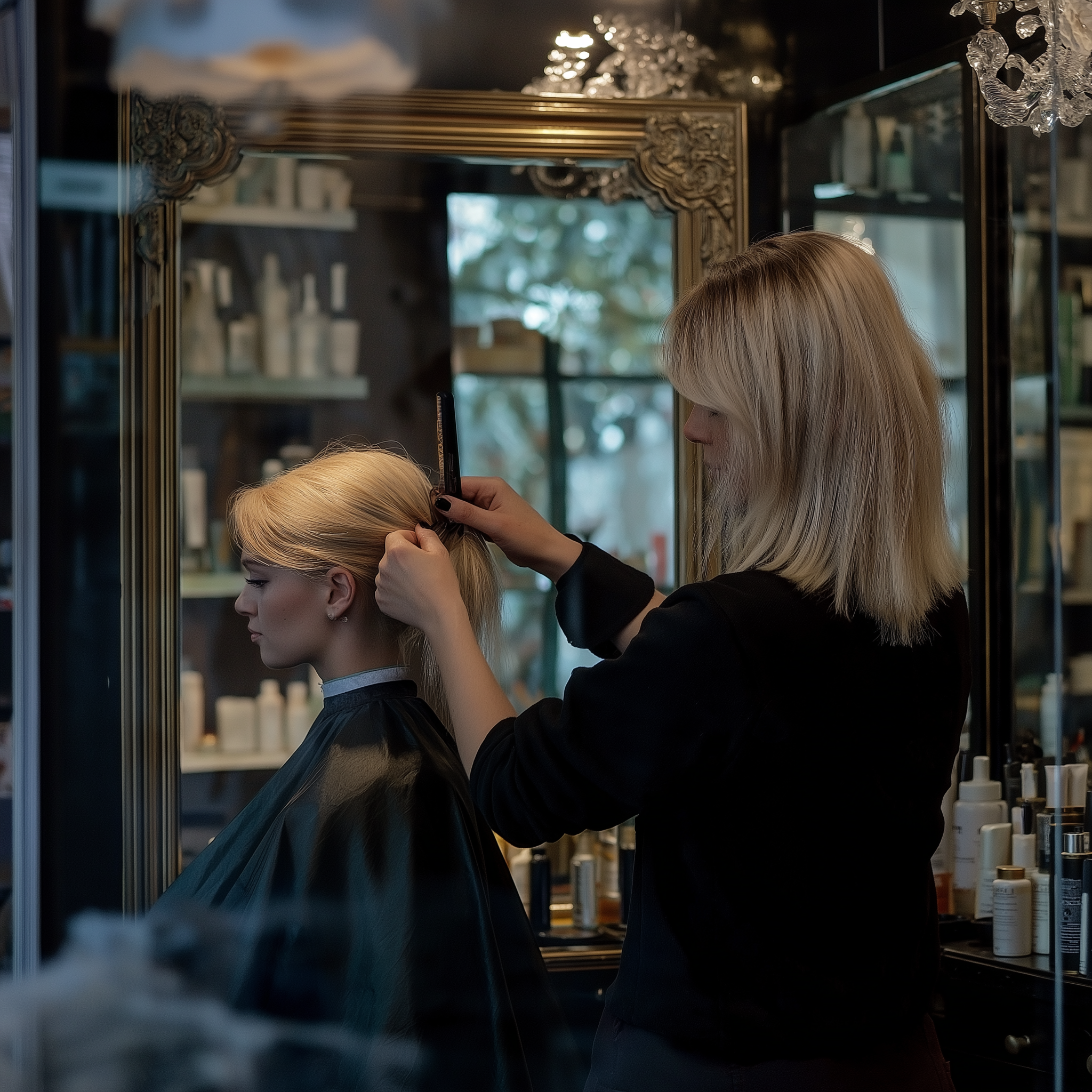 Une coiffeuse coupe les cheveux d'une femme blonde | Source : Midjourney