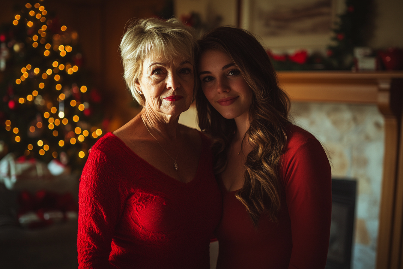 Femme d'une soixantaine d'années et sa belle-fille posant pour une photo près de la cheminée et du sapin de Noël | Source : Midjourney