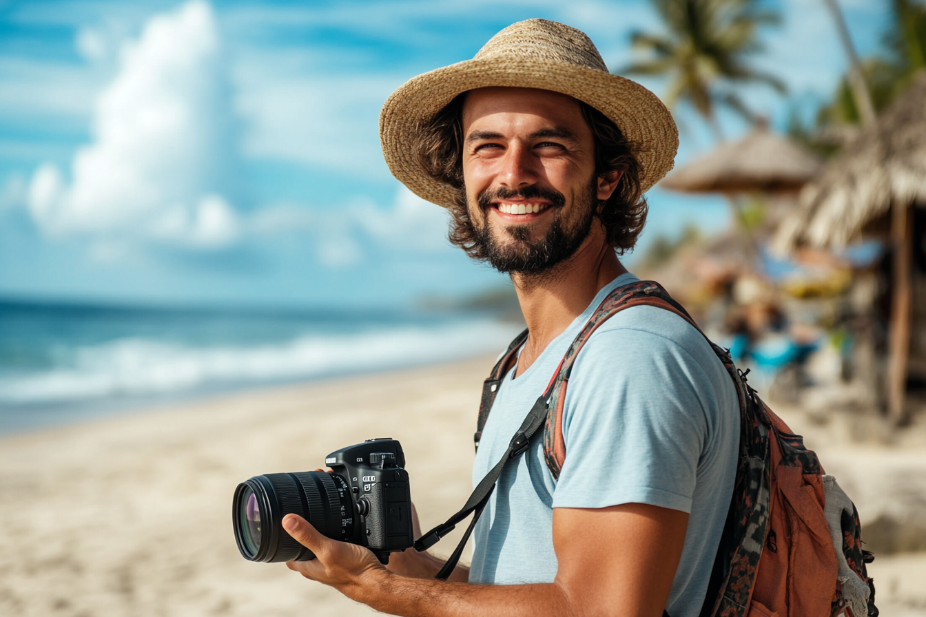 Un homme avec un appareil photo sur la plage | Source : Midjourney