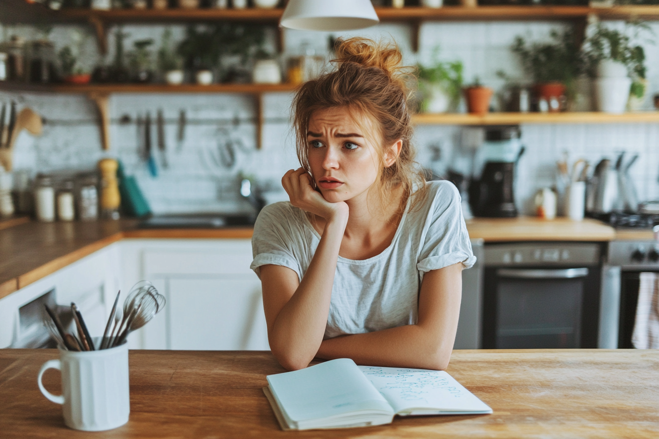 A thoughtful woman sitting at a kitchen table with a notebook | Source: Midjourney