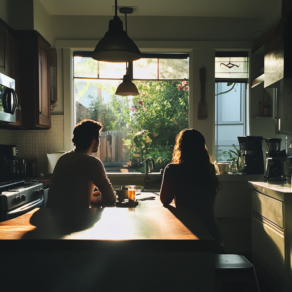 Un couple assis au comptoir d'une cuisine | Source : Midjourney