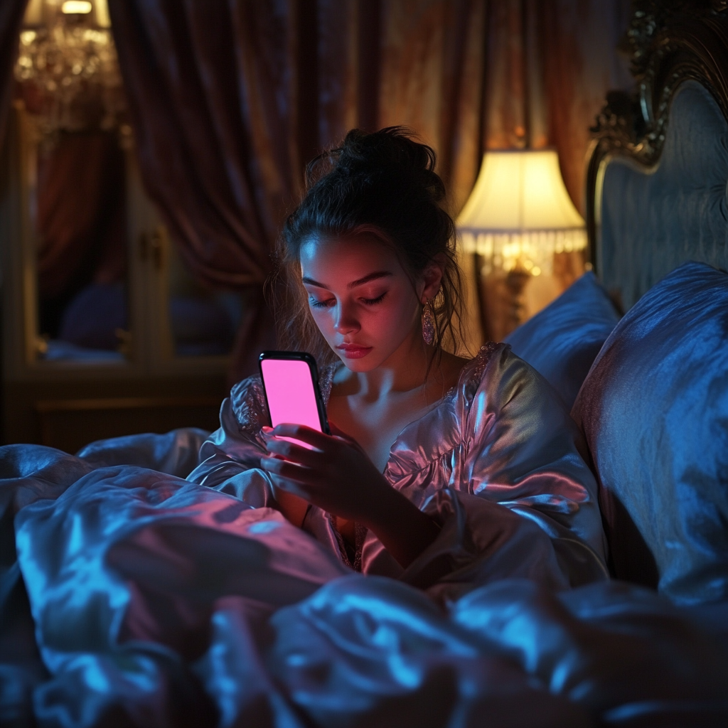 Une femme sur son téléphone dans son lit | Source : Midjourney