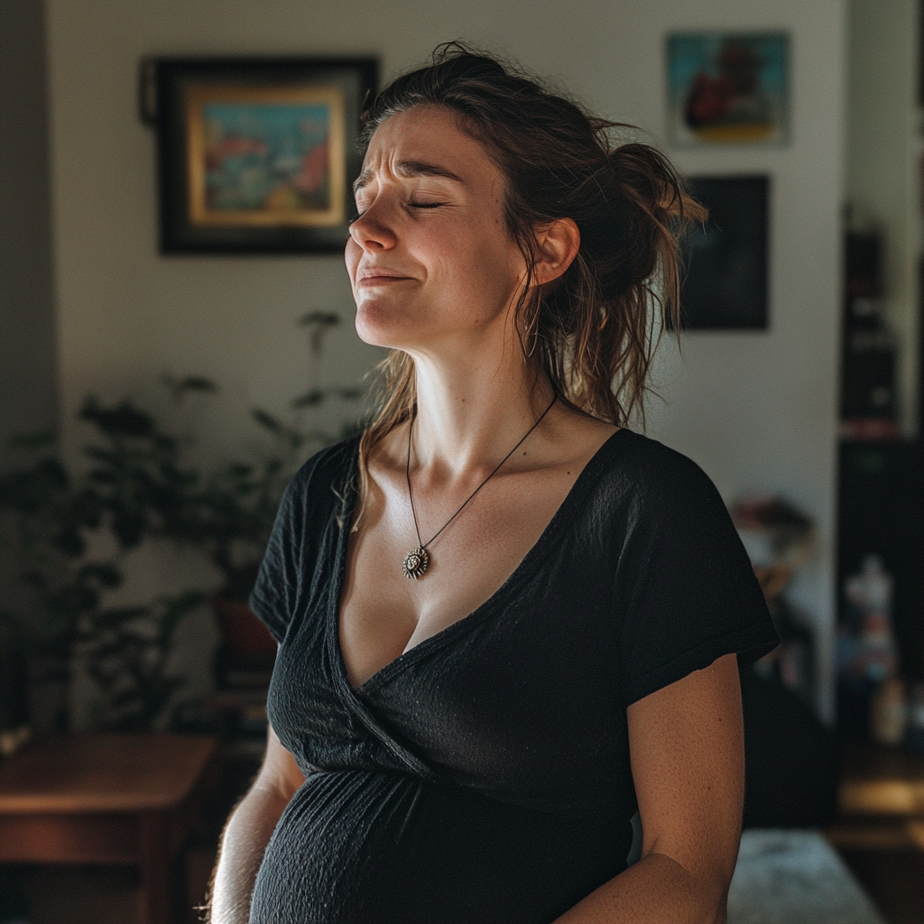 Une femme bouleversée debout dans un salon | Source : Midjourney