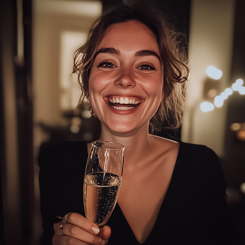 Une femme souriante tenant une coupe de champagne | Source : Midjourney