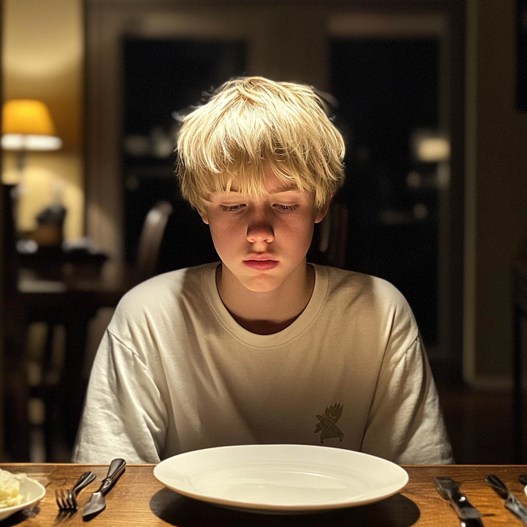 Un adolescent assis à une table de dîner | Source : Midjourney