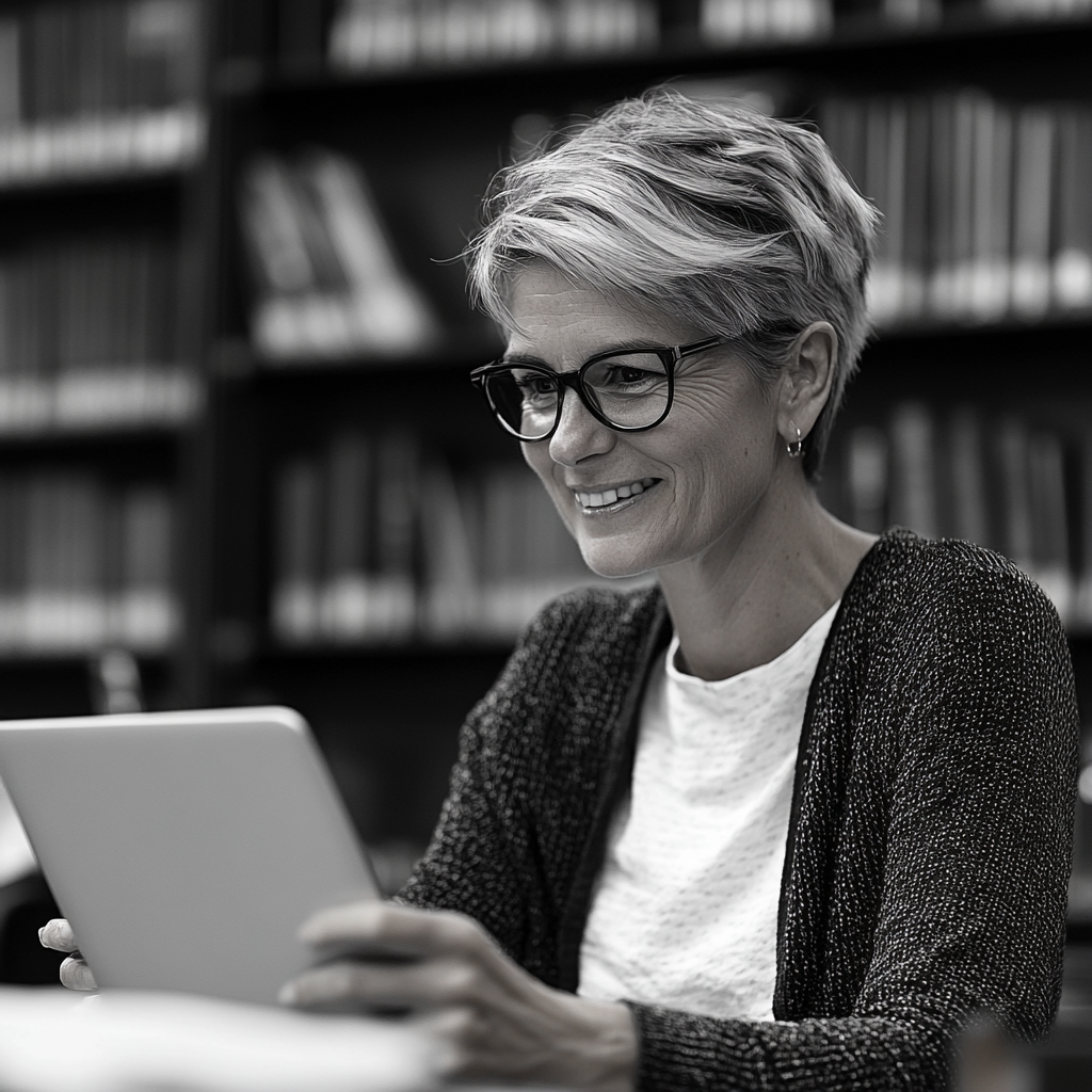 Une femme heureuse dans une bibliothèque | Source : Midjourney