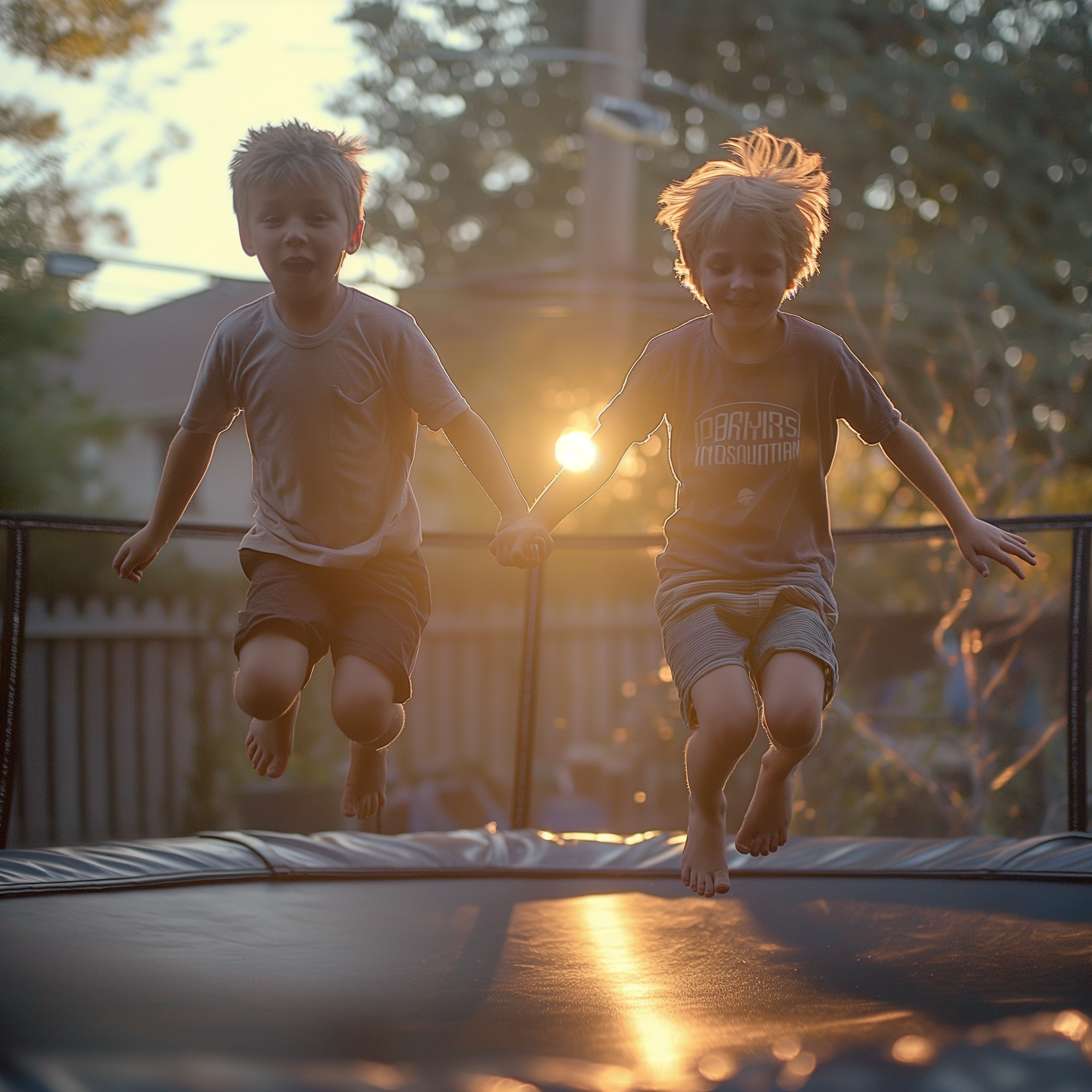 Deux garçons heureux qui jouent ensemble sur un trampoline | Source : Midjourney