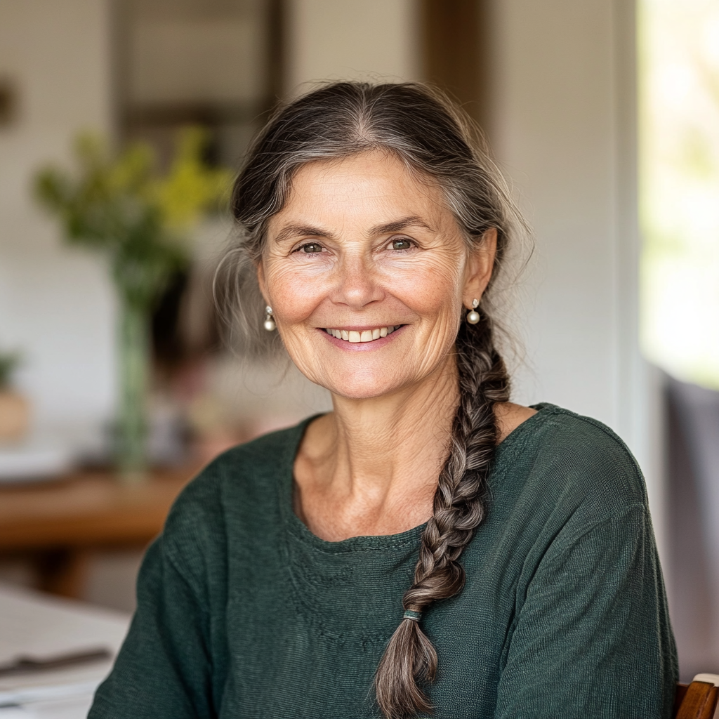 Une femme souriante assise à une table | Source : Midjourney