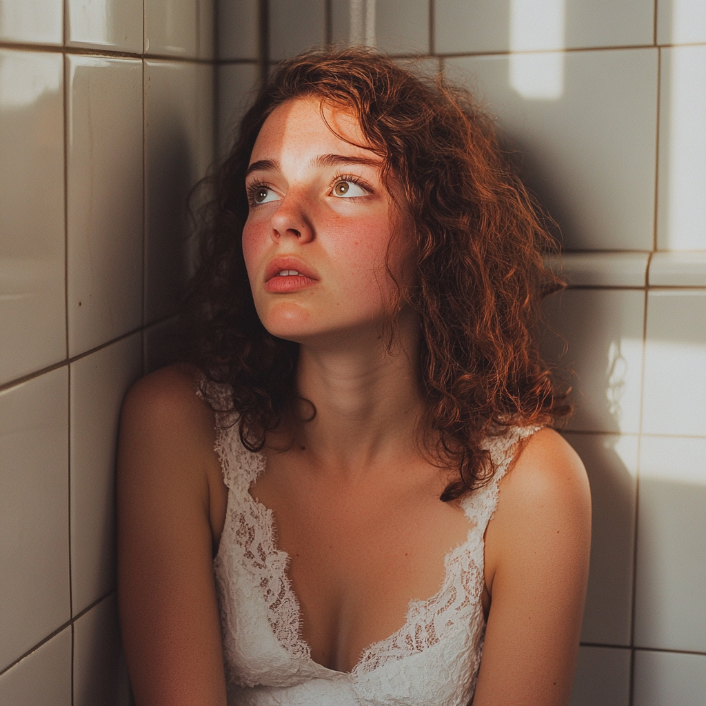 Une jeune femme debout dans une salle de bain | Source : Midjourney