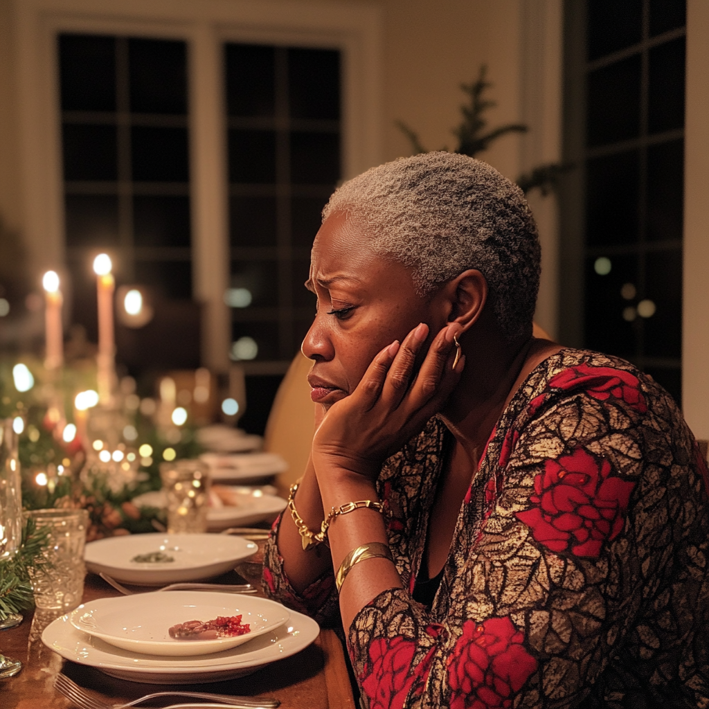 Une femme bouleversée assise à une table | Source : Midjourney