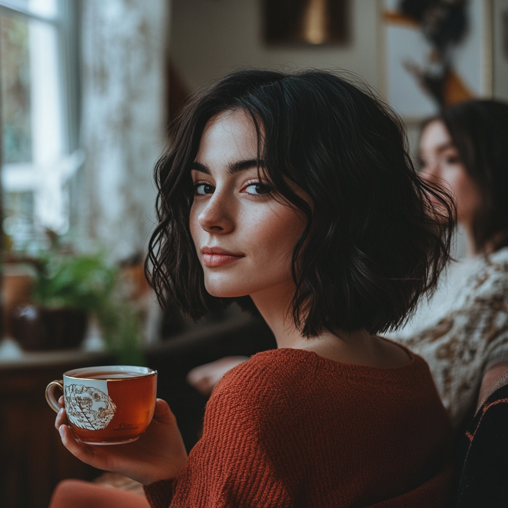 Une femme qui boit du thé dans son salon | Source : Midjourney