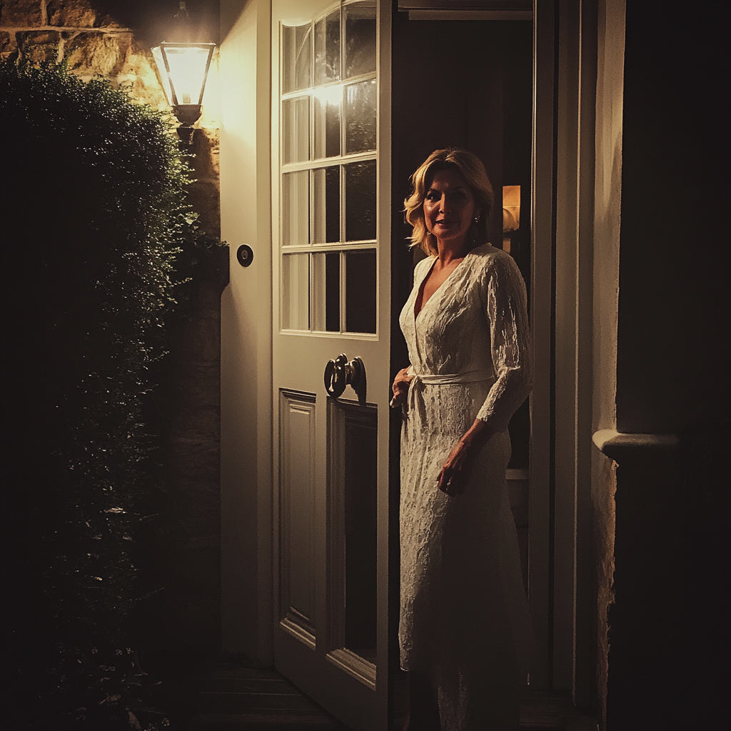 Une femme debout devant sa porte | Source : Midjourney