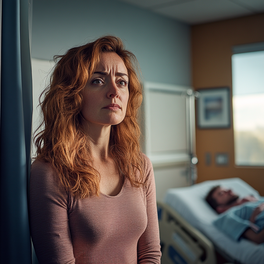 A woman looks serious and determined as she stands in a hospital room | Source: Midjourney