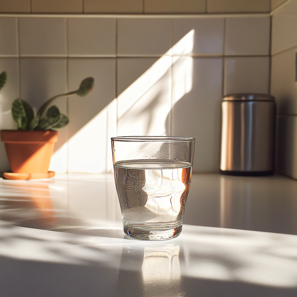 Un verre d'eau sur un comptoir | Source : Midjourney