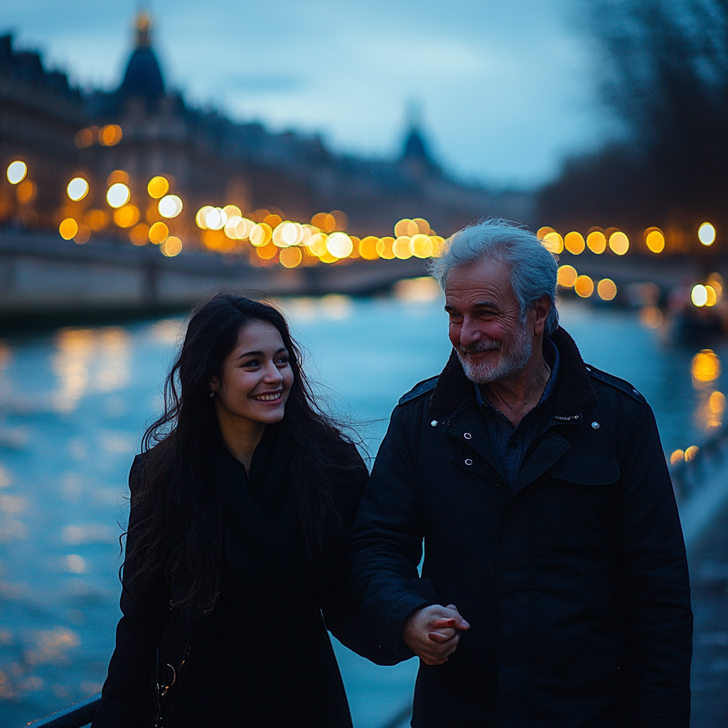 Une femme heureuse se promenant avec son beau-père | Source : Midjourney