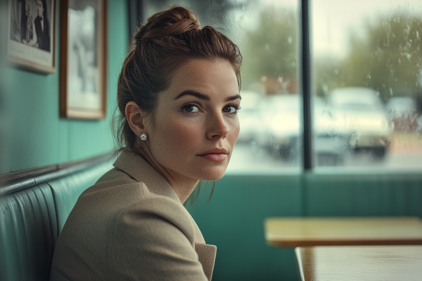 Femme d'une trentaine d'années assise dans un café, l'air expectatif | Source : Midjourney