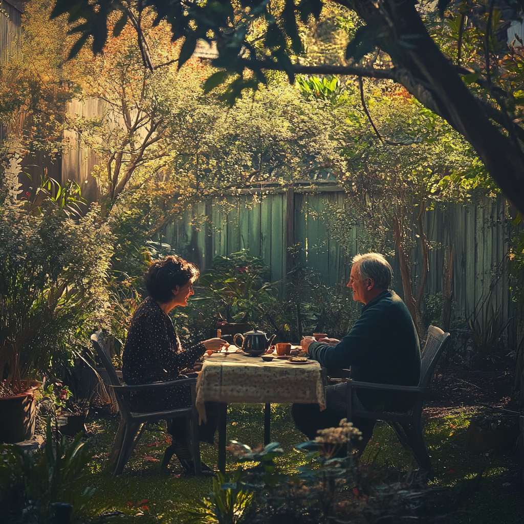 Couple de seniors prenant le thé dans leur jardin | Source : Midjourney