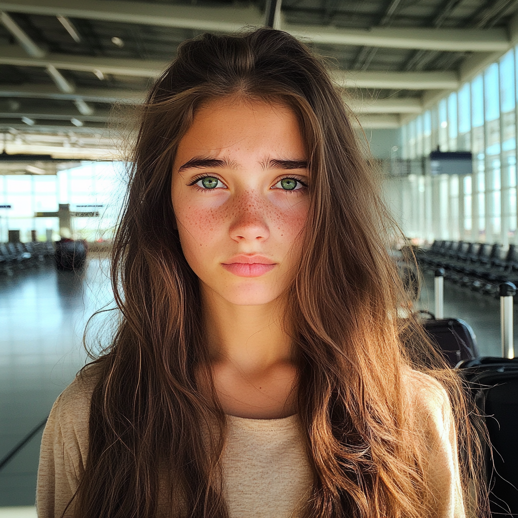 Une fille bouleversée dans un aéroport | Source : Midjourney