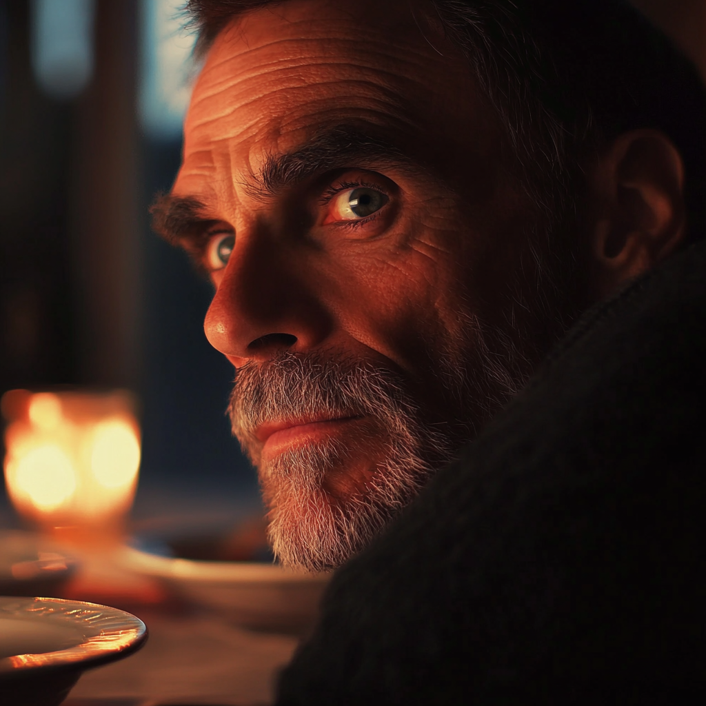 A man sitting down for dinner in his home | Source: Midjourney