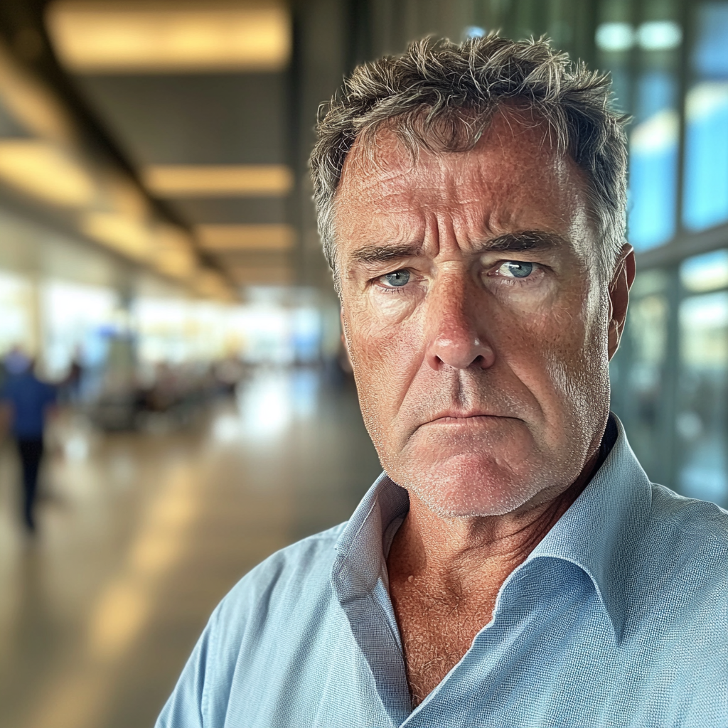 Un homme âgé agacé se tenant dans un aéroport | Source : Midjourney
