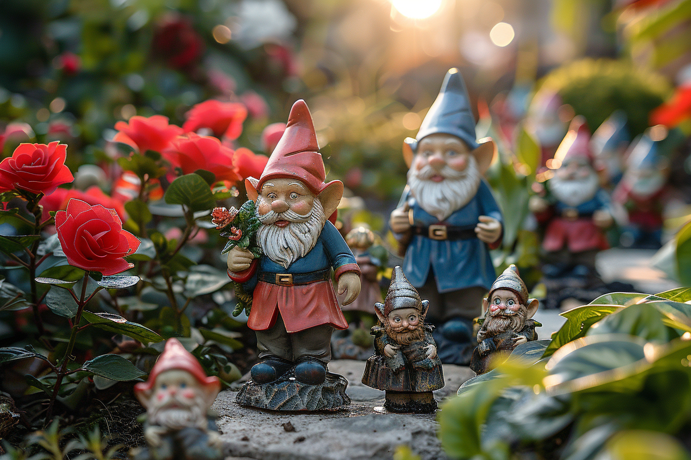 Un assortiment de figurines de gnomes dans un beau jardin | Source : Midjourney