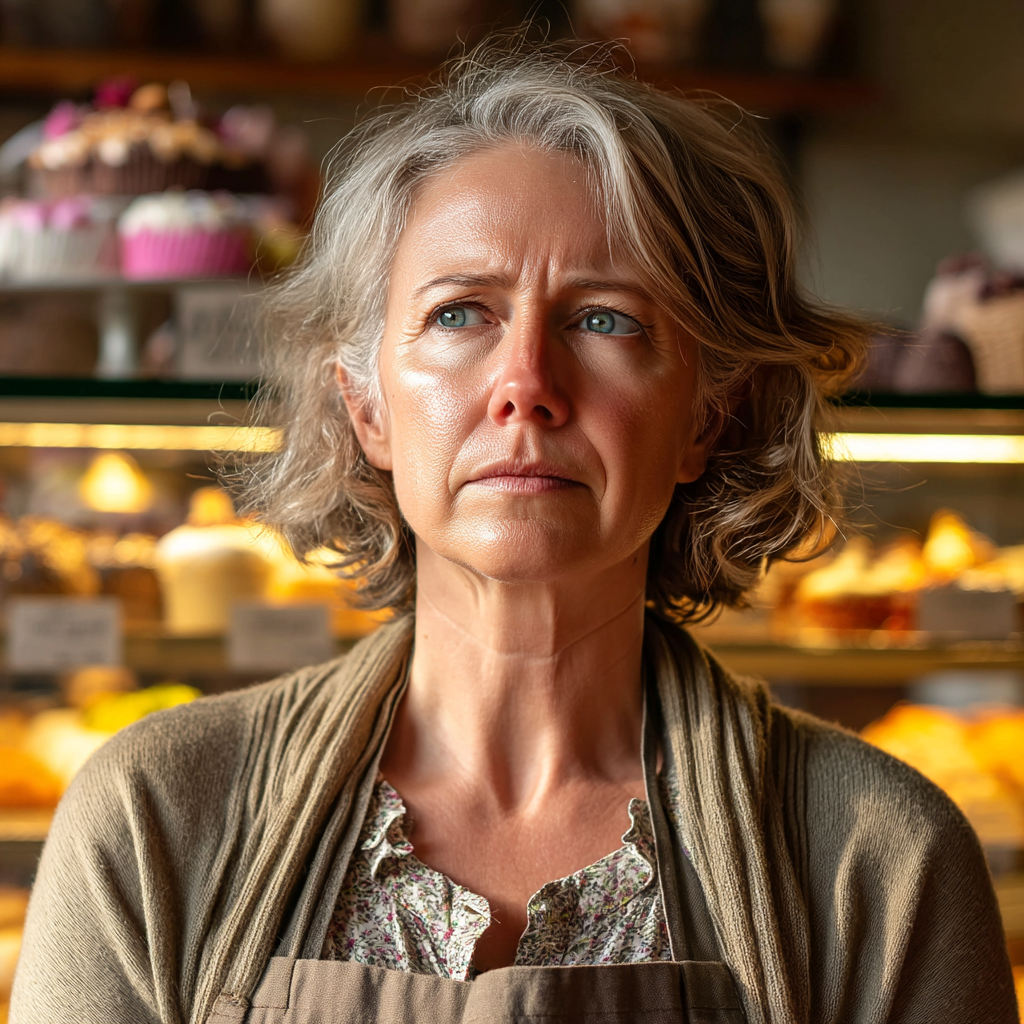 Une femme triste d'âge moyen debout dans une boulangerie | Source : Midjourney