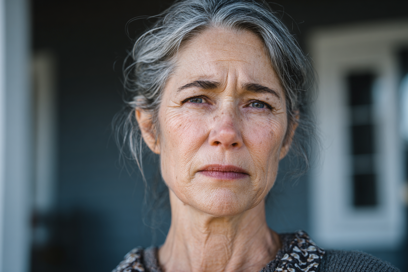 Une femme âgée debout devant sa maison | Source : Midjourney