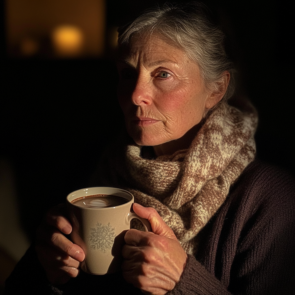 Une femme âgée tenant une tasse de chocolat chaud | Source : Midjourney