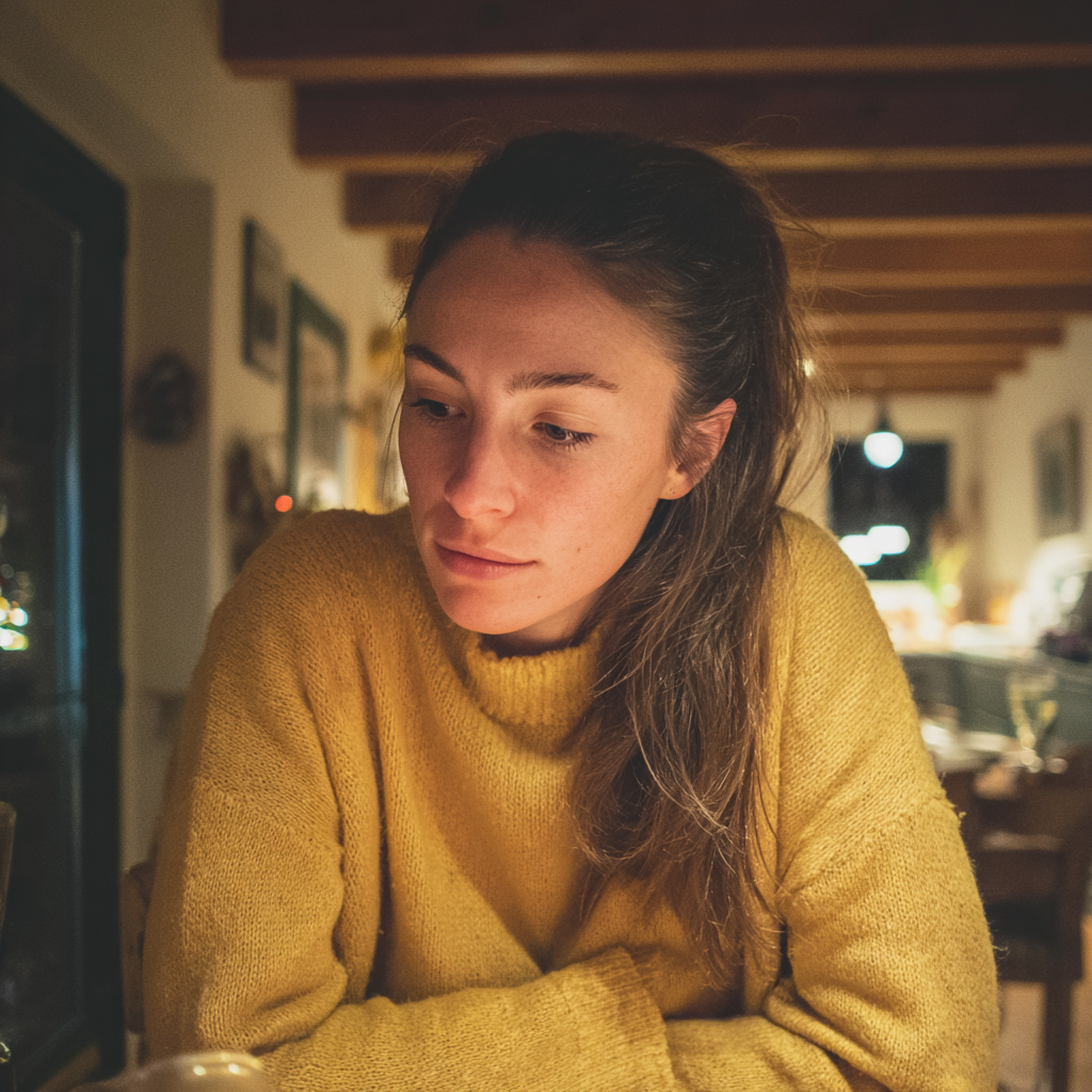 Une femme contrariée portant un pull-over moutarde | Source : Midjourney