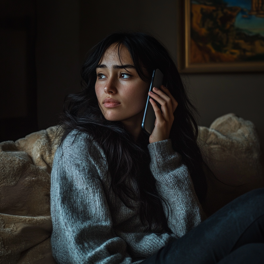 Une femme bouleversée qui parle au téléphone | Source : Midjourney