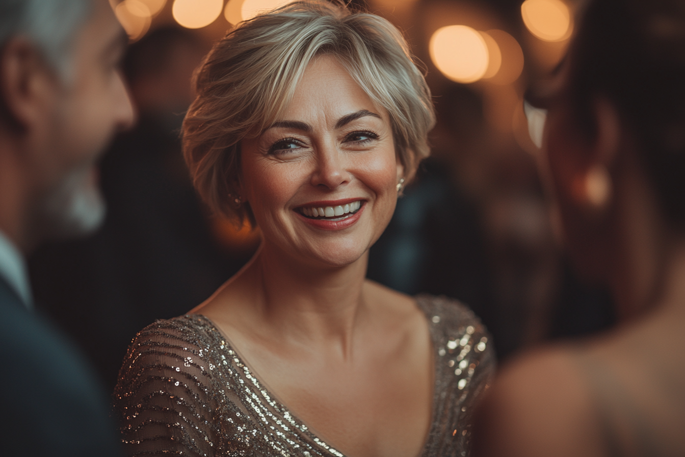 Une femme élégante qui sourit lors d'une fête | Source : Midjourney