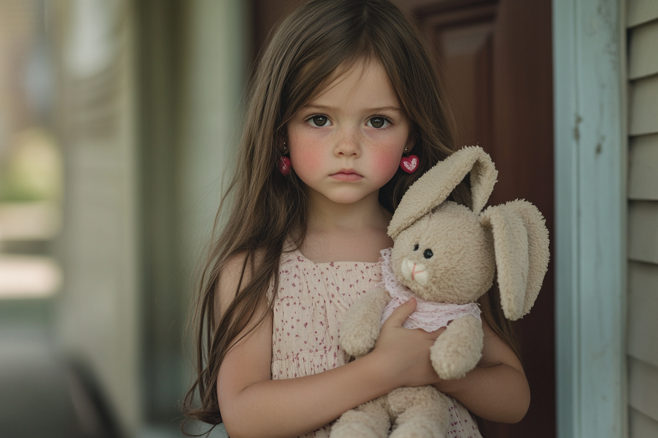 Une petite fille triste de 5 ans qui serre dans ses bras un lapin en peluche sur le porche d'entrée | Source : Midjourney