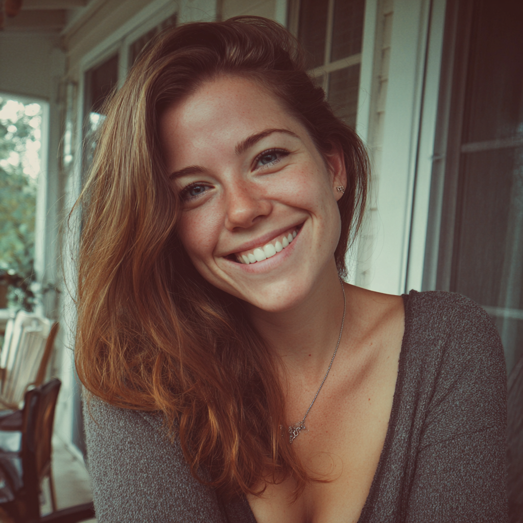Une femme souriante assise sous un porche | Source : Midjourney