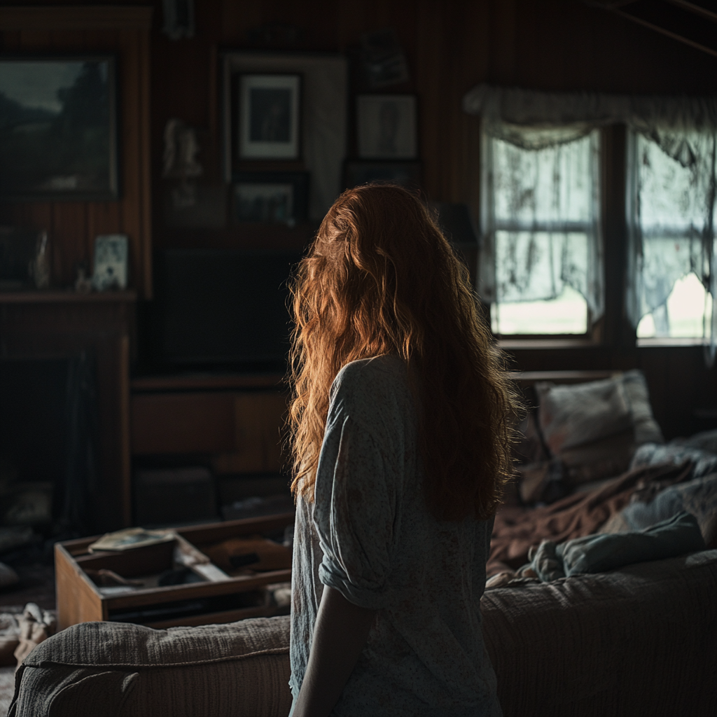 Une femme debout dans sa maison détruite | Source : Midjourney