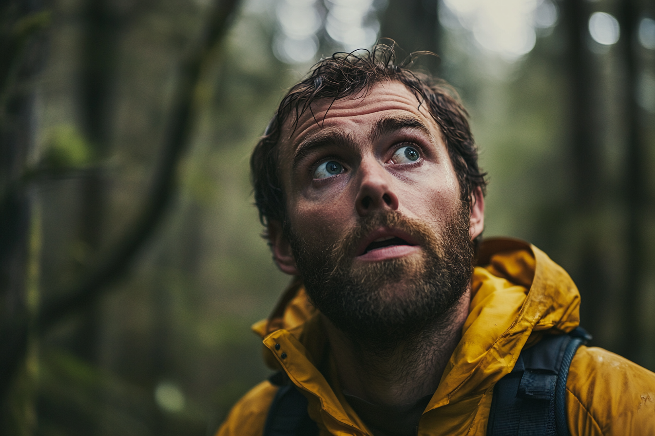 Un homme qui regarde avec appréhension dans une forêt | Source : Midjourney