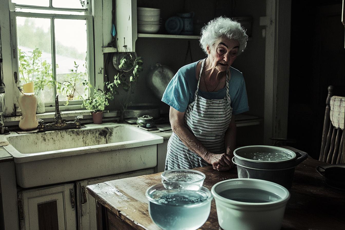 Une femme regarde avec inquiétude des récipients remplis d'eau | Source : Midjourney