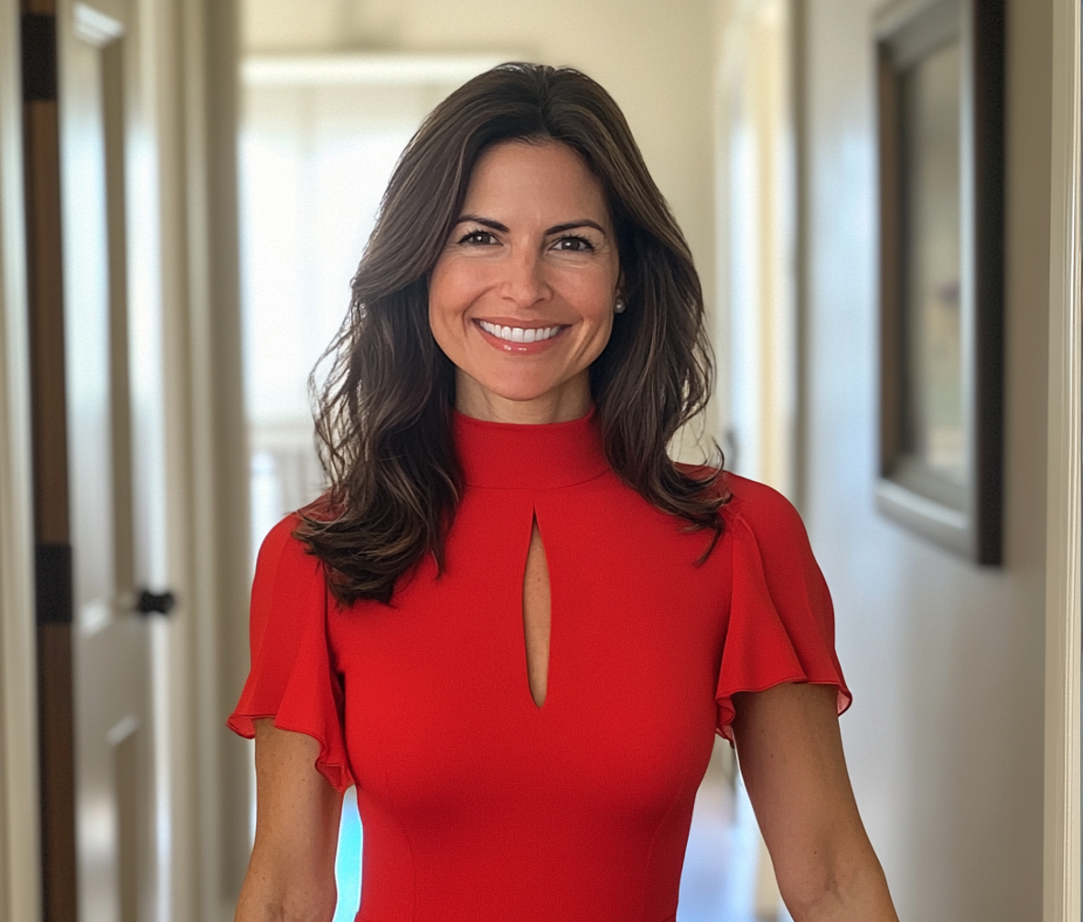 Une femme portant une robe rouge et se tenant dans le couloir d'une maison | Source : Midjourney