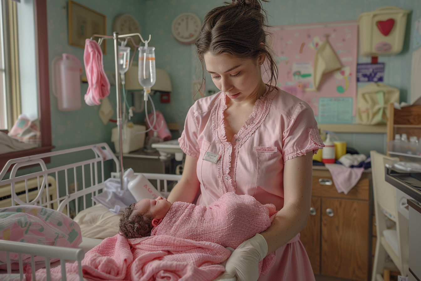 Une infirmière tenant un bébé dans une chambre d'hôpital | Source : Midjourney