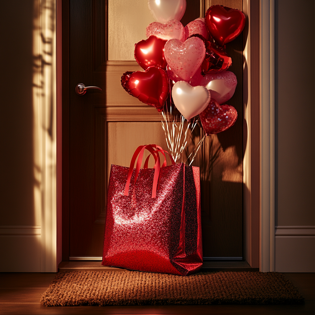 Des ballons en forme de cœur et un sac cadeau rouge sur le pas d'une porte | Source : Midjourney