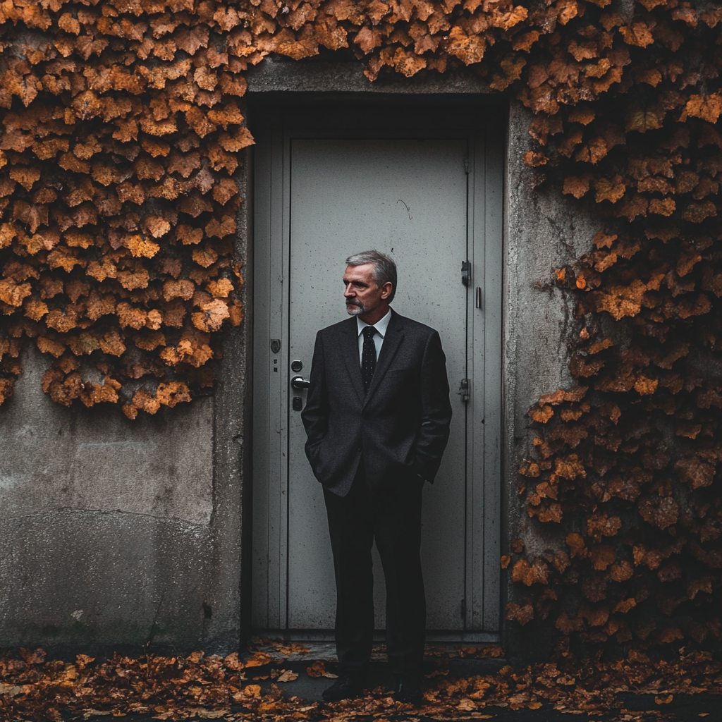 Un homme triste devant une porte fermée | Source : Midjourney