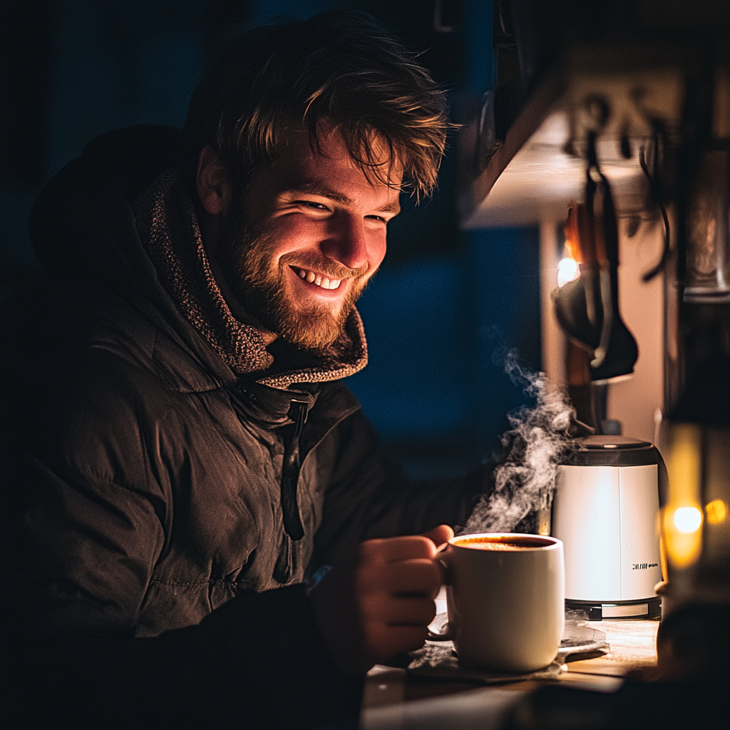 Un homme sourit en tenant une tasse de cacao chaud dans la cuisine | Source : Midjourney