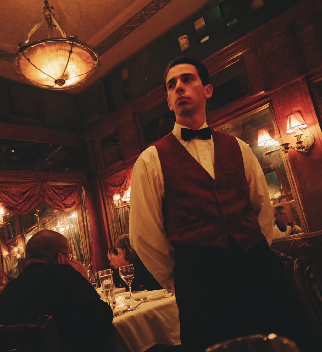 Un serveur debout dans un restaurant à l'ambiance tamisée | Source : Midjourney