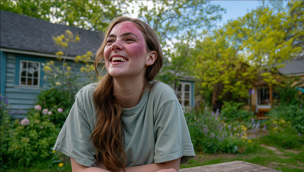 Une adolescente assise à une table de pique-nique en train de rire | Source : Midjourney