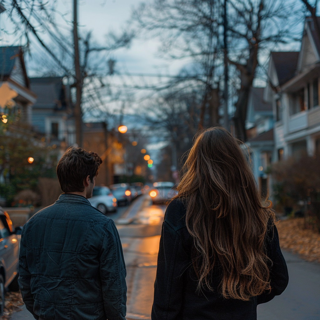 Lisa et Jake discutent en marchant dans une rue | Source : Midjourney