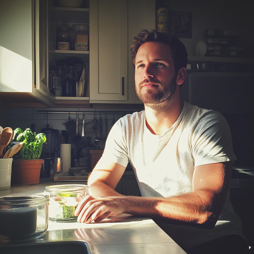 Un homme assis à un comptoir de cuisine | Source : Midjourney