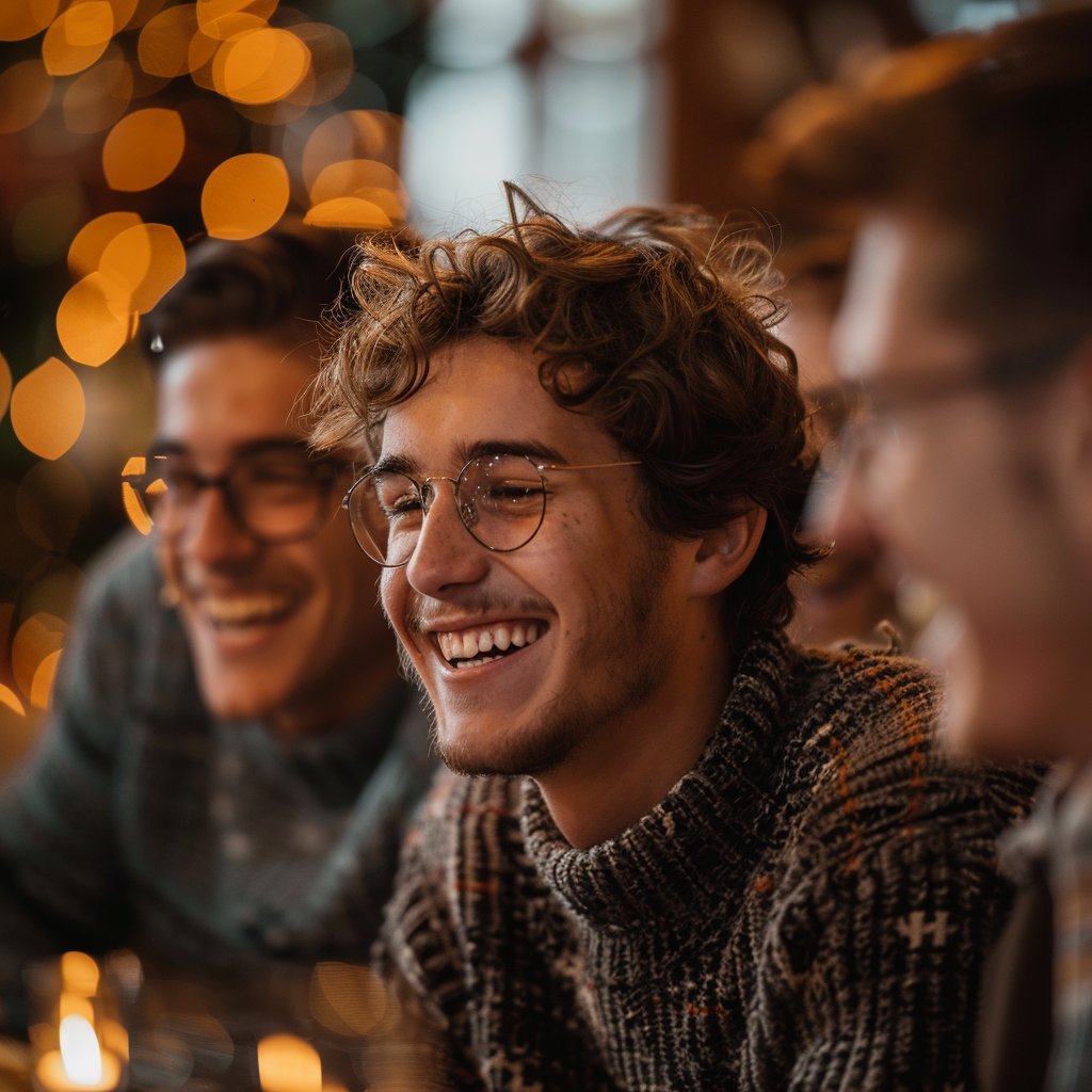 Gros plan sur des jeunes gens qui rient lors d'un rassemblement de Noël | Source : Midjourney