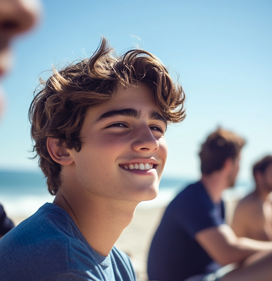 Un garçon assis sur une plage avec ses amis | Source : Midjourney