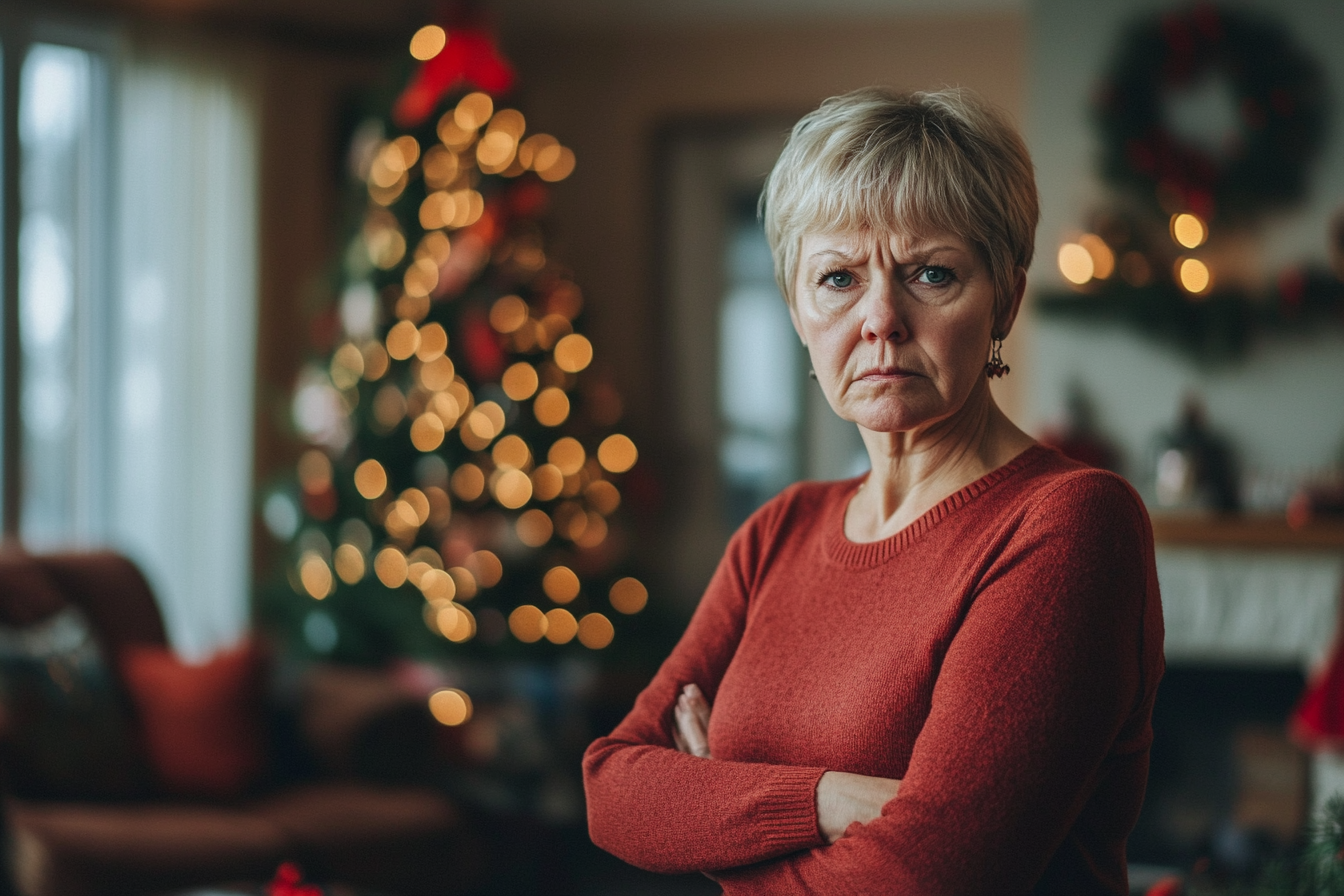 Femme en colère d'une soixantaine d'années dans un salon avec un sapin de Noël | Source : Midjourney